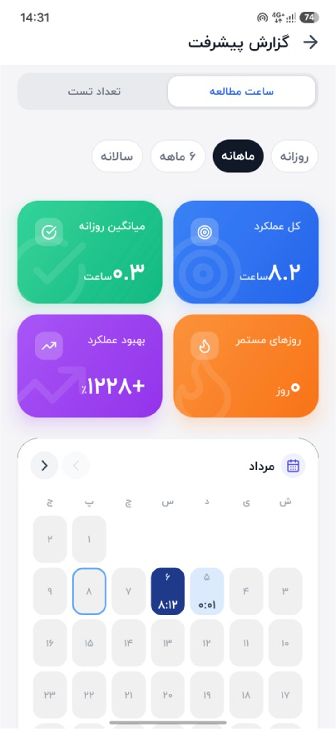 گزارش پیشرفت اسکرینشات واقعی گزارش پیشرفت کنکور پلاس — آمار ساعت مطالعه و تقویم فعالیت